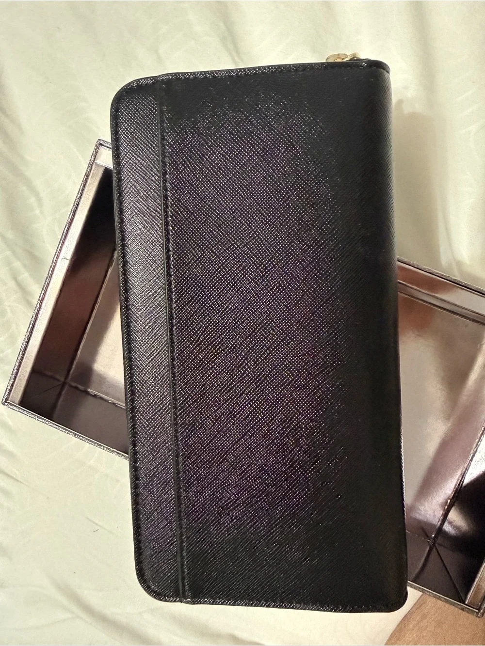 Brand NEW- Black Saffiano Zip-Around Wallet with Gold Plaque